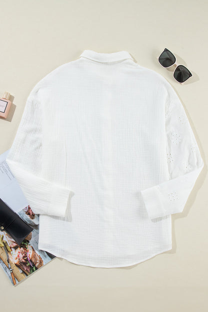 White Broidered Anglaise Crinkle Loose Shirt