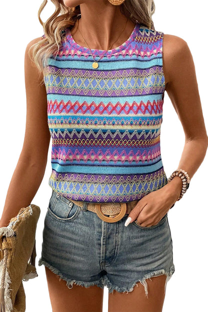 Light Blue Ethnic Wavy Pattern Round Neck Sleeveless Top