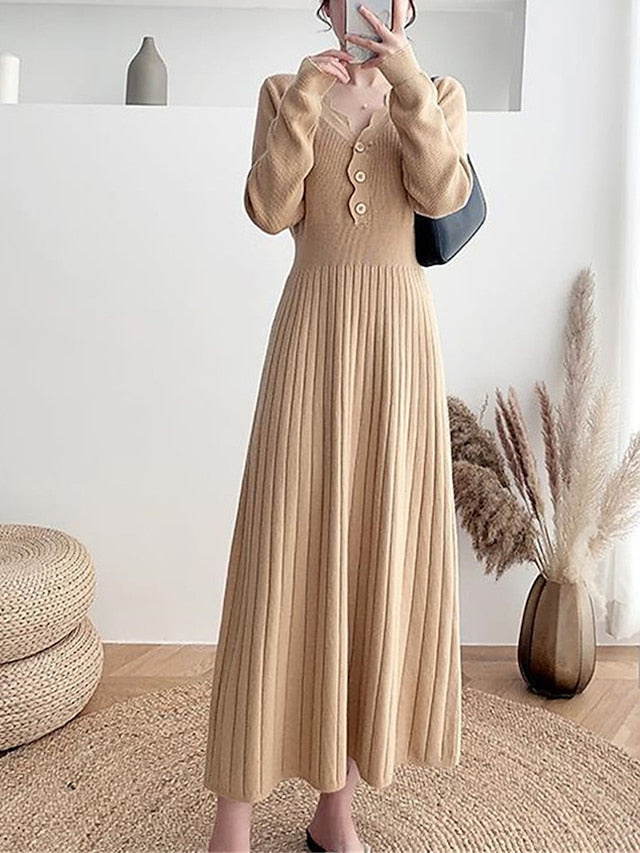 Women's Sweater Dress Knit Dress Jumper Dress Long Dress Maxi Dress Knitwear Fashion Daily Plain Outdoor Casual Holiday Vacation V Neck Long Sleeve Ruched Button 2023 Loose Fit Black White khaki One