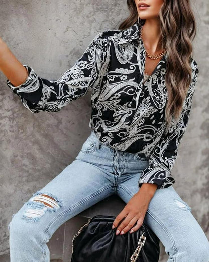 Women's Shirt Blouse Paisley Casual Button Print Black Long Sleeve Fashion Shirt Collar Spring &  Fall