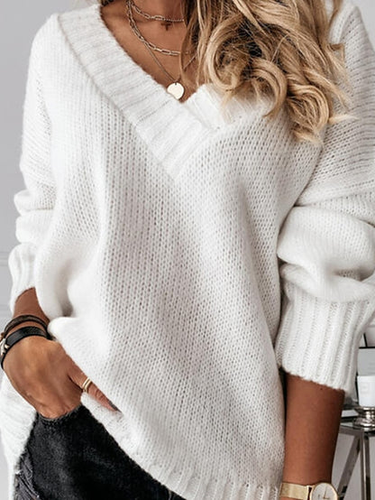 Women's Pullover Sweater jumper Jumper Ribbed Knit Knitted Pure Color V Neck Stylish Casual Holiday Going out Winter Fall Blue Khaki S M L / Long Sleeve / Regular Fit