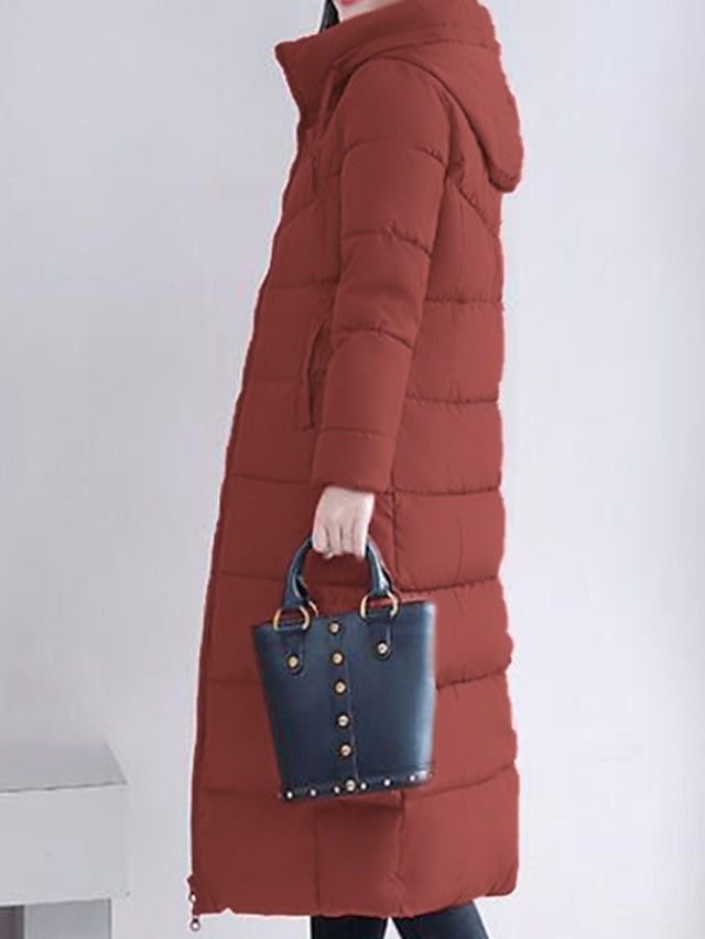Women's Puffer Jacket Hoodie Jacket Street Daily Valentine's Day Winter Fall Long Coat Regular Fit Warm Breathable Casual Jacket Long Sleeve Solid Color Full Zip Black Dusty Rose Khaki / Going out - LuckyFash™
