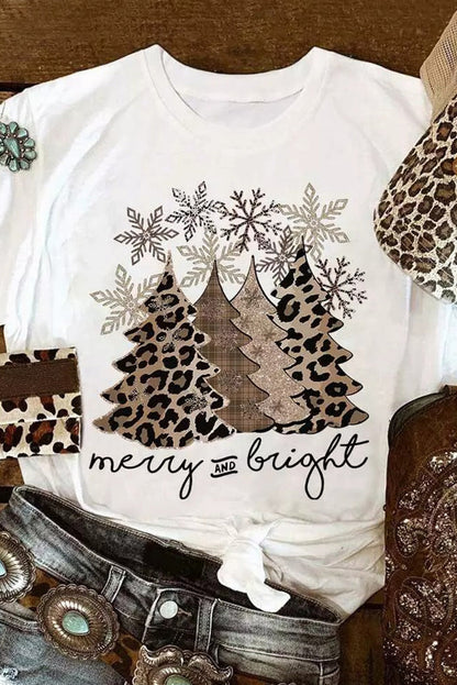 White Leopard Christmas Tree Graphic Crew Neck T Shirt