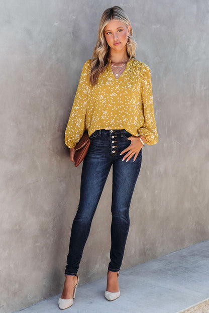 Yellow Floral V-Neck Crinkled Blouse for Early Fall