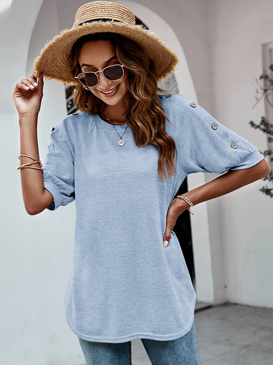 Blouses - Loose Round Neck Button Casual Half-Sleeve T-Shirt - MsDressly