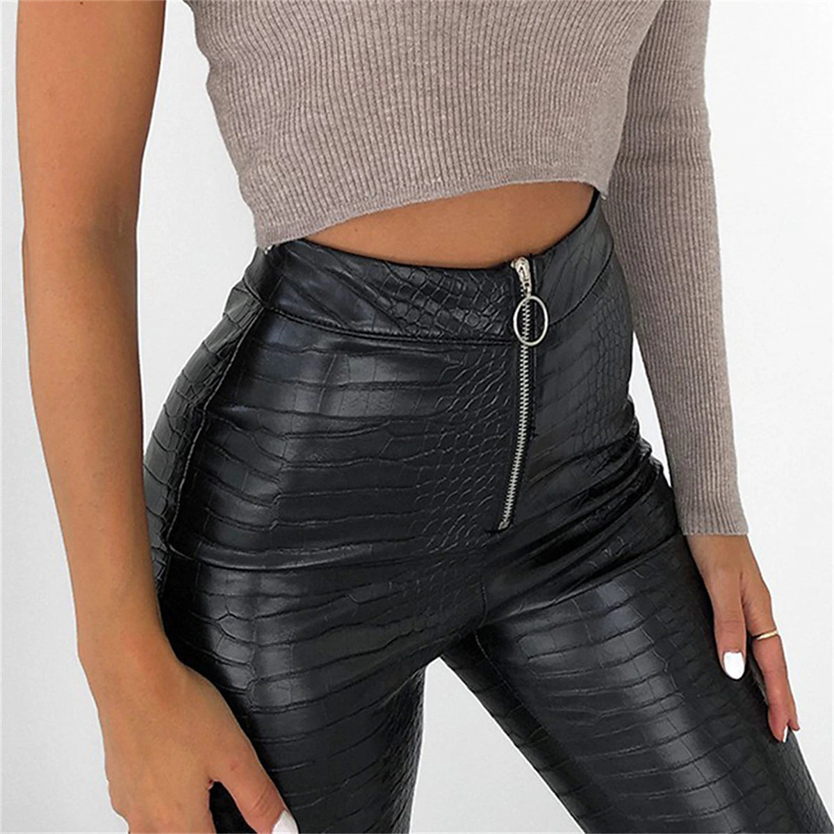 Women's Slim Normal PU Solid Color Black Fashion High Waist Full Length Party Street Fall Winter