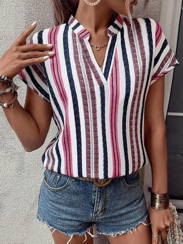 Women's Shirt Blouse Striped Daily Vacation Print Red Short Sleeve Casual V Neck Summer