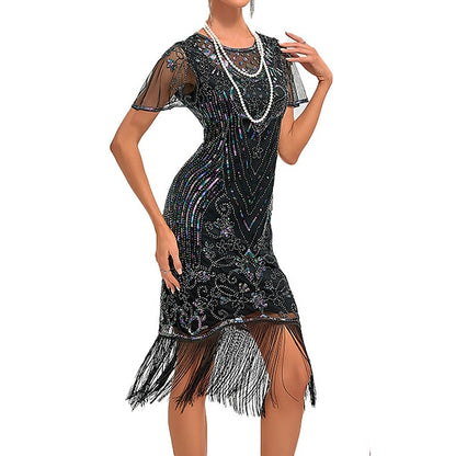 Women's Sequins Tassel Fringe Sequin Dress Midi Dress Elegant Floral Crewneck Short Sleeve Party Halloween Spring Fall Silver Black