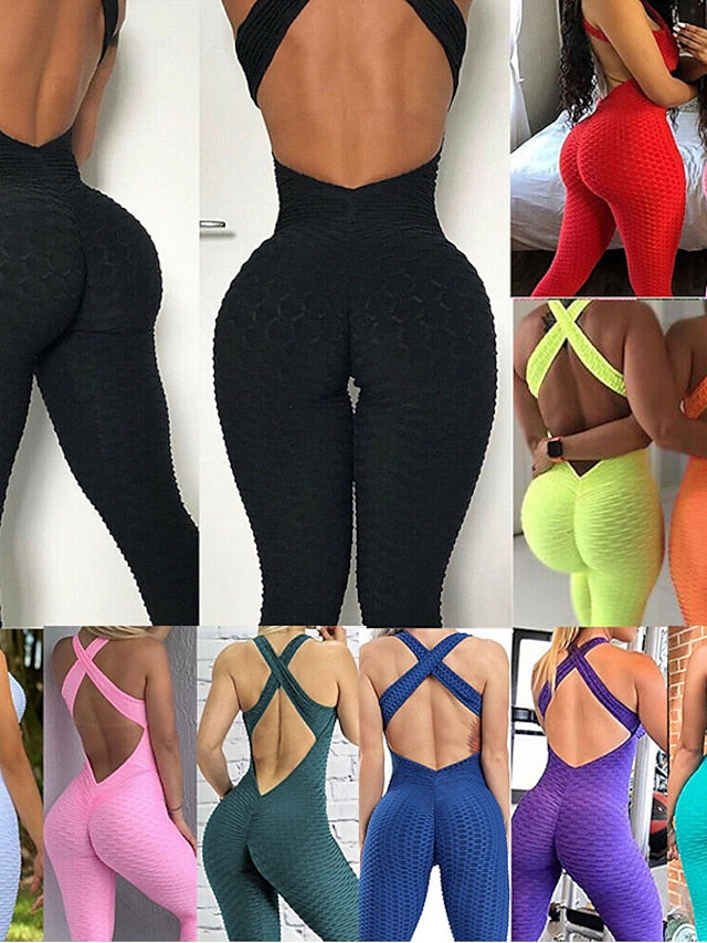 Women's Onesie Workout Sets Scrunch Butt Open Back Bodysuit Romper Clothing Suit Black White Spandex Yoga Fitness Gym Workout Tummy Control Butt Lift Power Flex Sleeveless Sport Activewear High - LuckyFash™