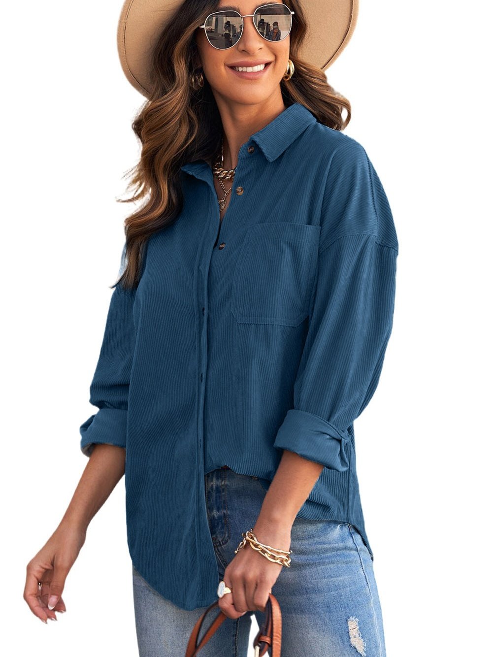 Solid Long-Sleeved V-Neck Button T-Shirt