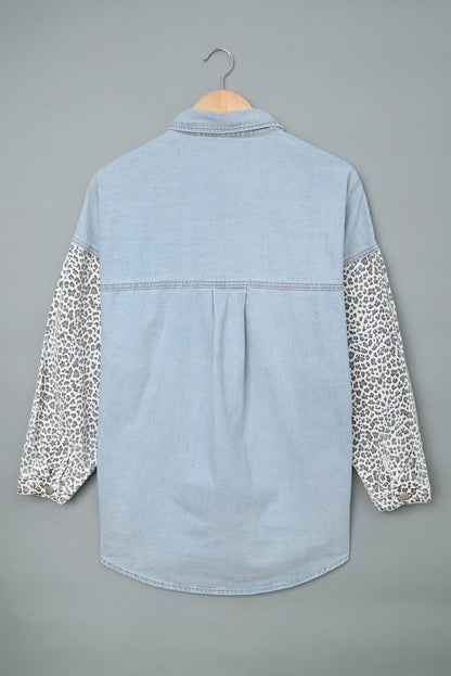 Sky Blue Contrast Leopard Denim Jacket