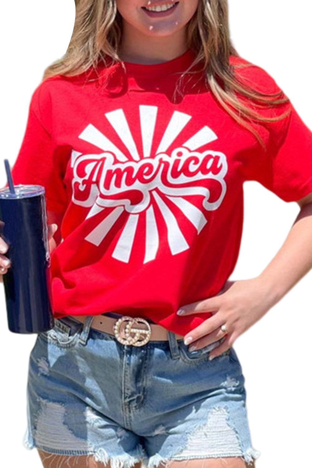 Fiery Red America Graphic Print Independence Day T Shirt