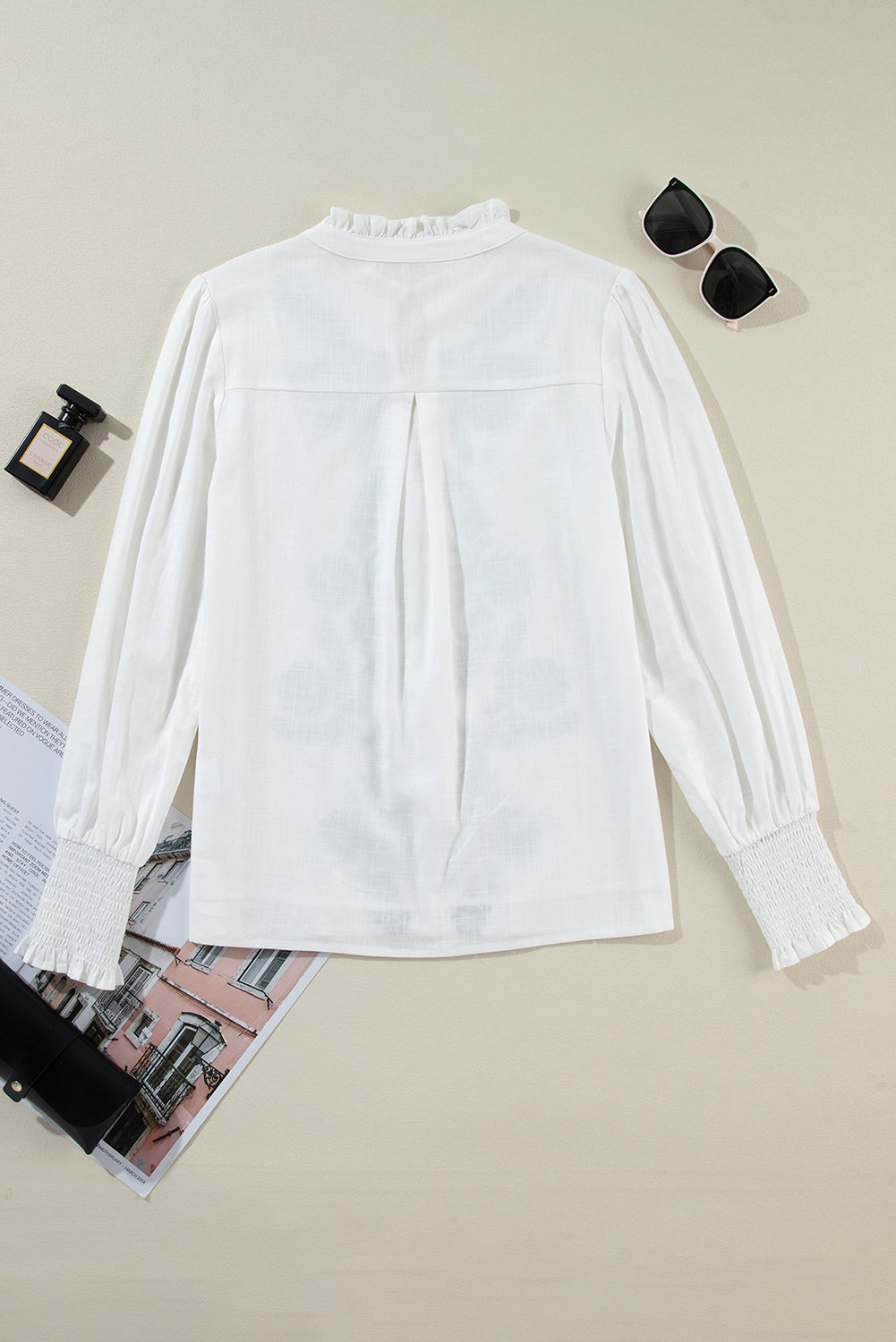 White Floral Embroidered Shirred Sleeve Elegant Shirt