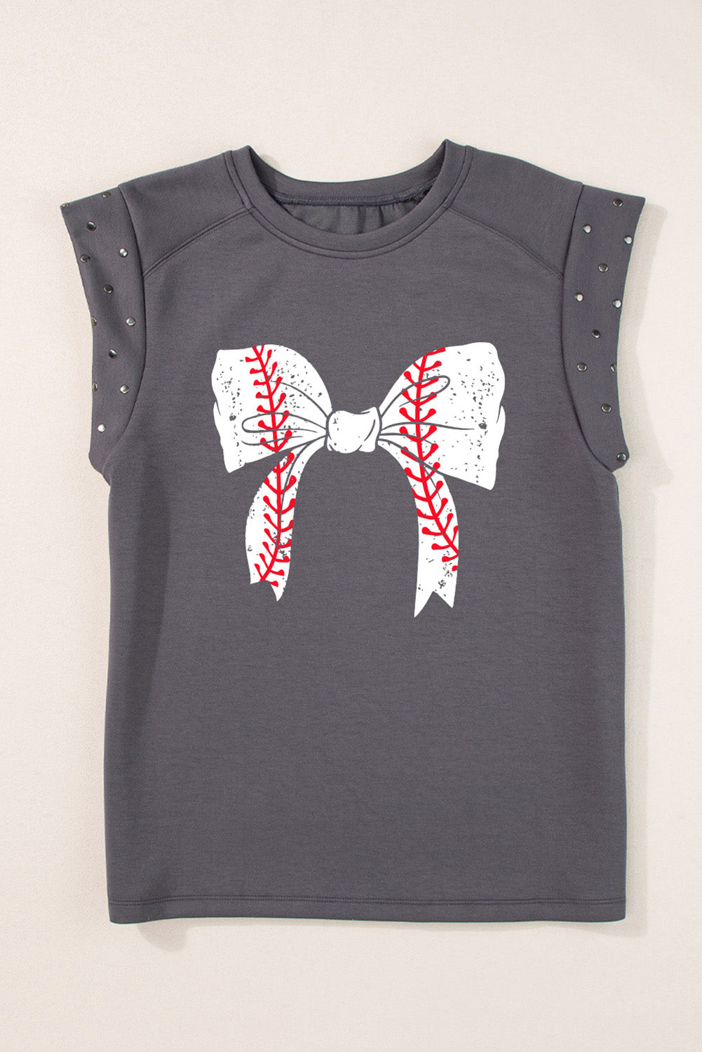 Dark Grey Baseball Bowknot Graphic Studded Cap Sleeve T Shirt