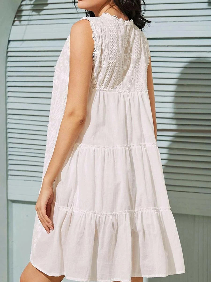 Women's White Dress Lace Dress Casual Dress Mini Dress Cotton Lace Ruffle Date Vacation Maxi V Neck Sleeveless White Color