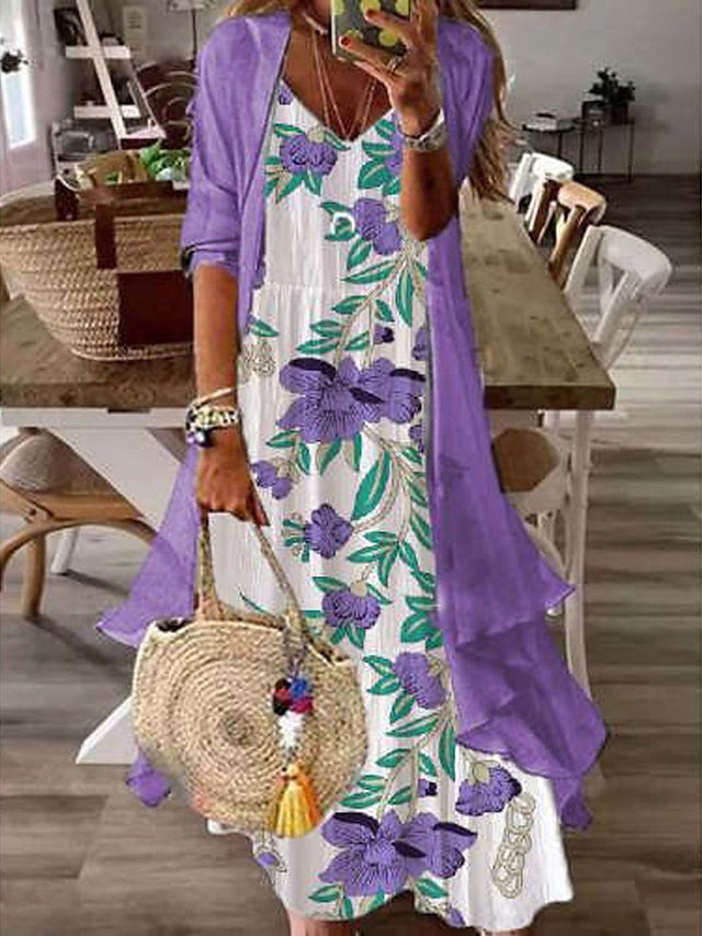 Women's Two Piece Dress Set Print Dress Daily Vacation Casual Print Maxi Dress V Neck 3/4 Length Sleeve Floral Loose Fit White Purple Green Summer Spring S M L XL XXL - LuckyFash™