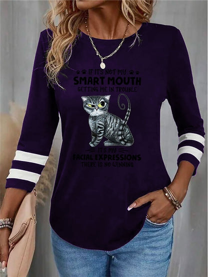 Women's T shirt Tee Cat Letter Daily Weekend Print Black Long Sleeve Fashion Funny Round Neck Spring &  Fall