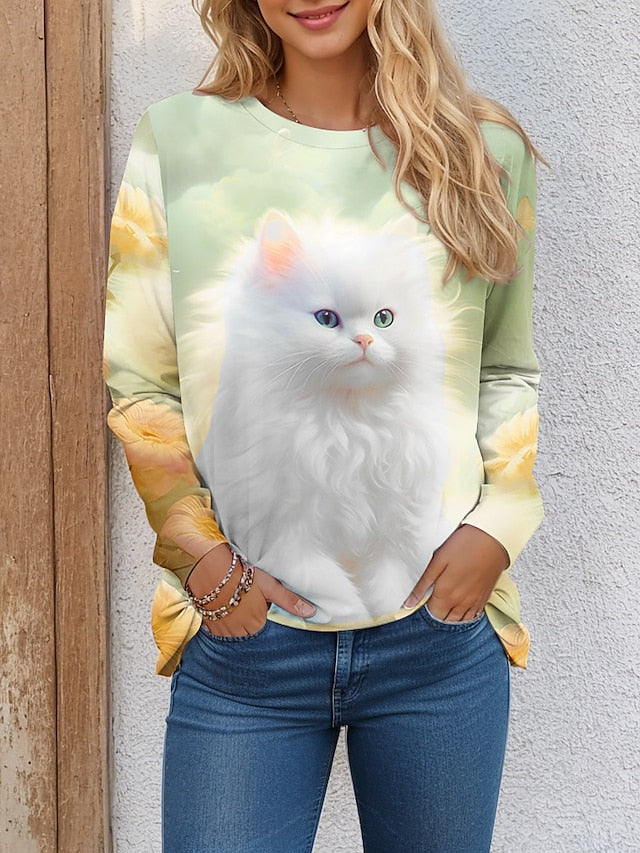 Women's T shirt Tee Cat 3D Daily Weekend Print Light Green Long Sleeve Fashion Funny Round Neck Spring &  Fall