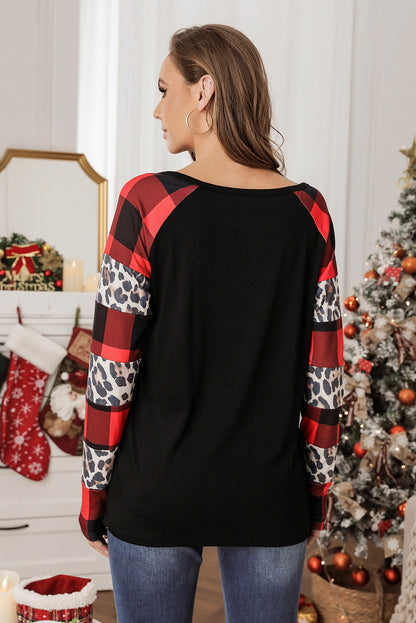 Black Merry Christmas Plaid Leopard Patchwork Long Sleeve Top