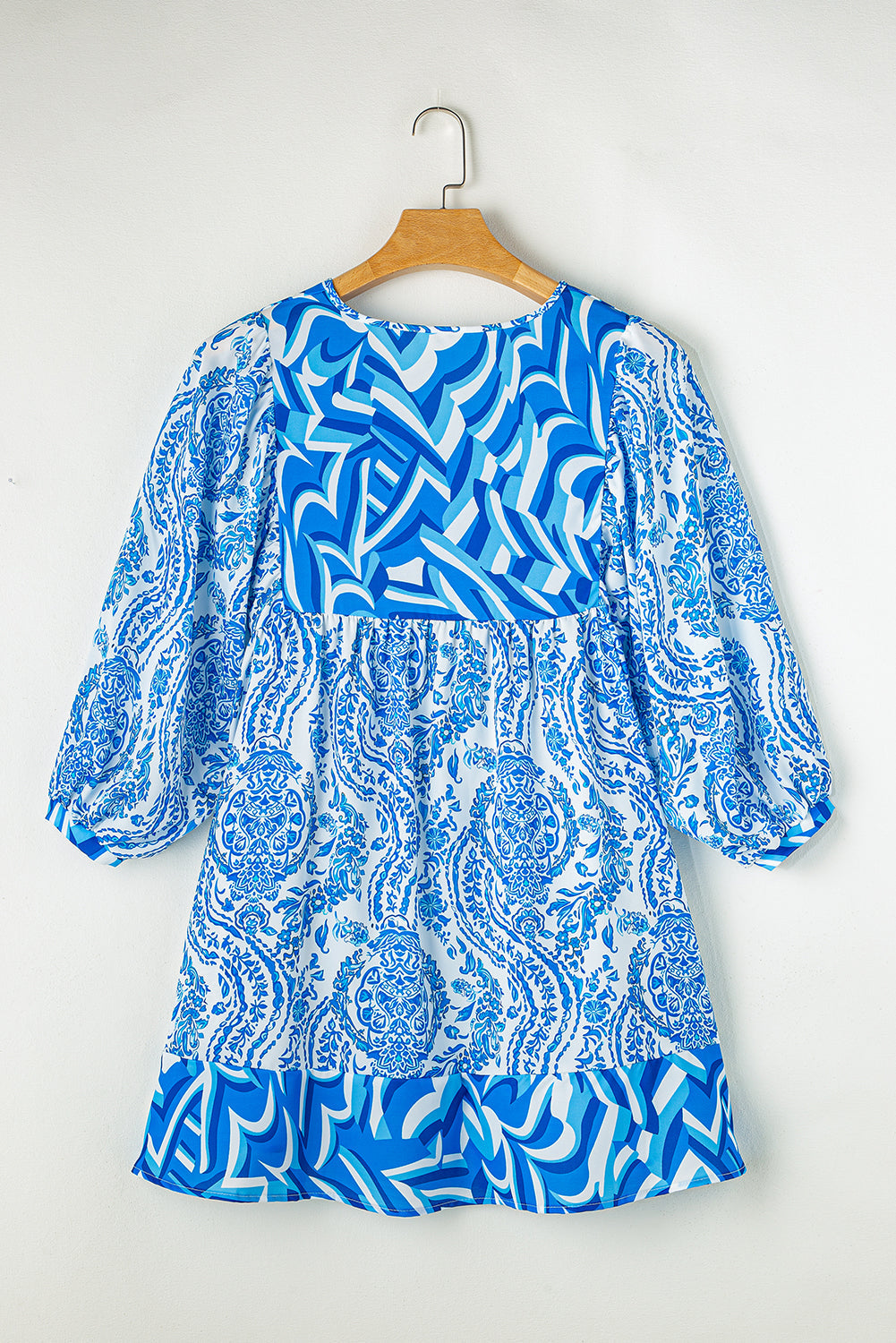 Sky Blue Bohemian Print Puff Sleeve Tied V Neck Flared Mini Dress