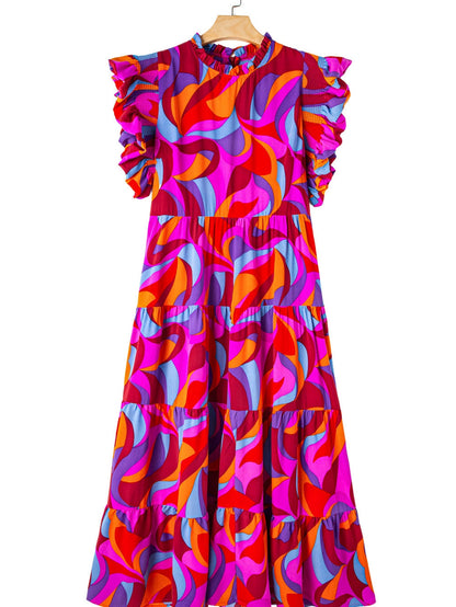 Abstract Multicolour Ruffled Sleeve Maxi Dress with Mock Neck