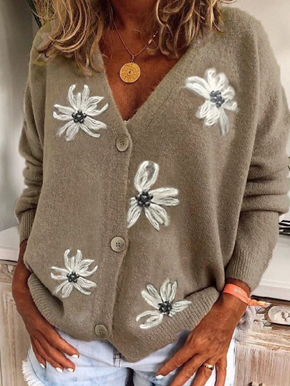 Women's Sweater Cardigan Sweater V Neck Knit Acrylic Embroidered Knitted Spring Fall Winter Daily Holiday Stylish Chic & Modern Casual Long Sleeve Floral Maillard Red Green Gray S M L