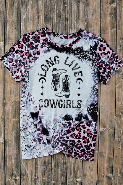 Pink Cowgirls Boots Leopard Bleached Crew Neck T Shirt