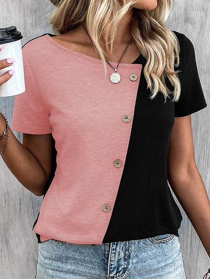 Women's T shirt Tee Color Block Daily Weekend Button White Short Sleeve Fashion V Neck Summer