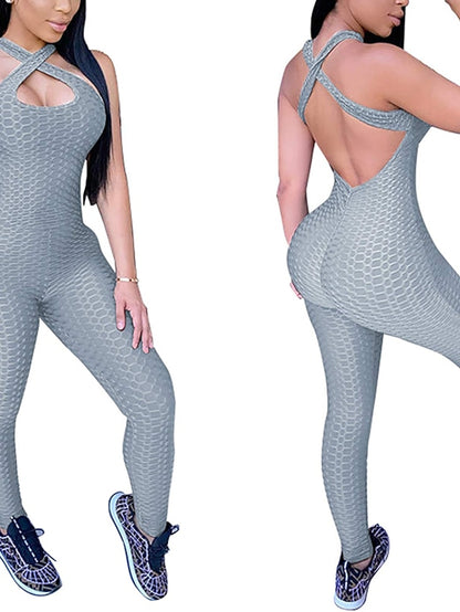 Women's Onesie Workout Sets Scrunch Butt Open Back Bodysuit Romper Clothing Suit Black White Spandex Yoga Fitness Gym Workout Tummy Control Butt Lift Power Flex Sleeveless Sport Activewear High - LuckyFash™
