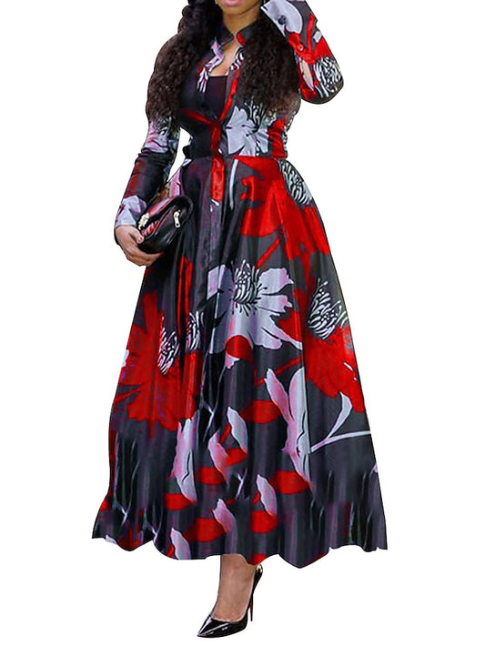 Women's Shirt Dress Work Dress A Line Dress Maxi long Dress Red Blue Fuchsia Long Sleeve Floral Print Spring Shirt Collar Elegant Summer Dress Spring Dress 2022 M L XL XXL