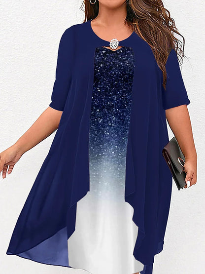 Women‘s Plus Size Curve Party Dress Sequin Dress Cocktail Dress Gradient Midi Dress Half Sleeve Patchwork Fake two piece Crew Neck Party Blue Fall Winter Wedding Guest Dress