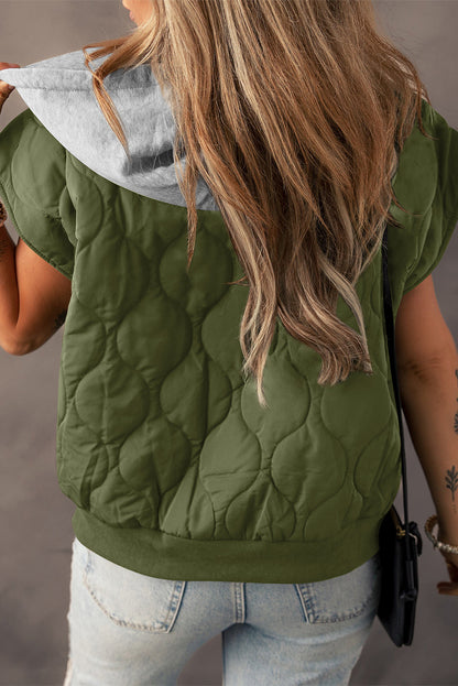 Jungle Green Quilted Drawstring Hooded Zip Up Puffer Vest