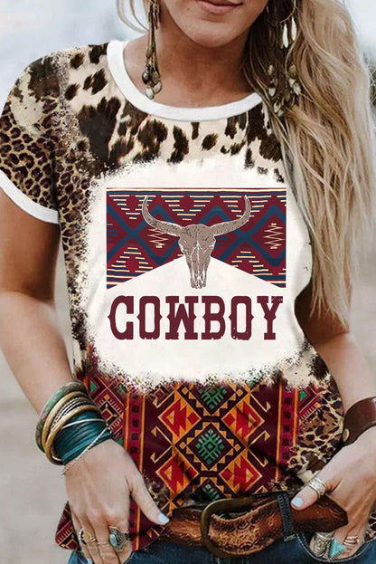 Dark Brown Leopard Aztec COWBOY Steer Head Graphic Crewneck T Shirt