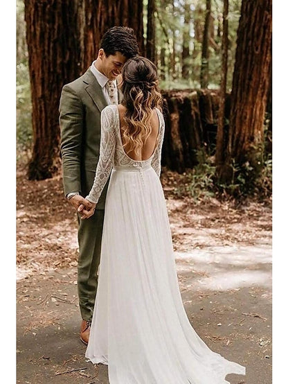 Beach Open Back Boho Wedding Dresses A-Line Scoop Neck Long Sleeve Sweep / Brush Train Lace Bridal Gowns With Pleats Appliques 2023 Summer Wedding Party, Women's Clothing - LuckyFash™