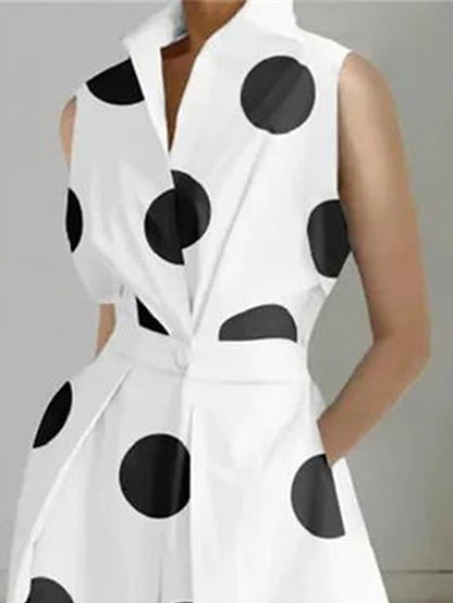 Women's Shirt Dress Casual Dress Swing Dress Maxi long Dress Outdoor Office Daily Satin Fashion Modern Shirt Collar Button Pocket Sleeveless Summer Spring 2023 Regular Fit Black White Green Polka Dot - LuckyFash™