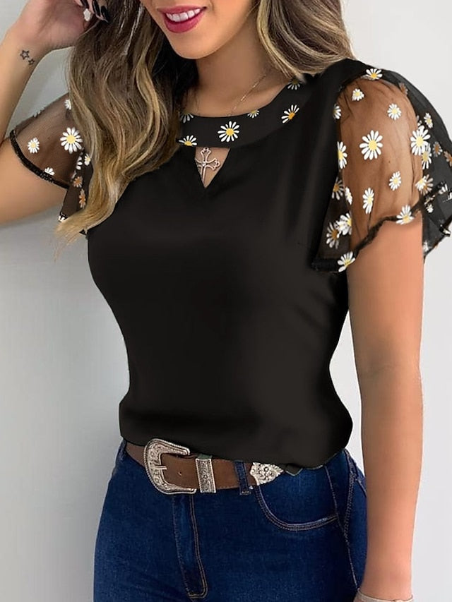 Women's Shirt T shirt Tee Blouse Eyelet top Floral Flower Casual Daily Black Short Sleeve Elegant Round Neck Summer