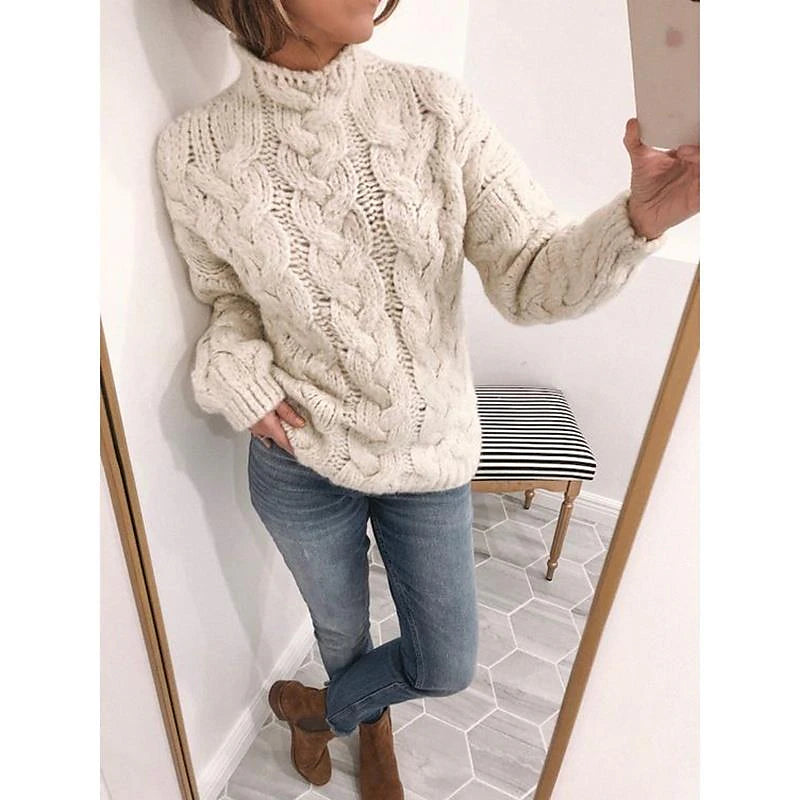 Women's Pullover Sweater Knitted Solid Color Basic Casual Chunky Long Sleeve Sweater Cardigans Turtleneck Fall Winter Yellow Blushing Pink Gray