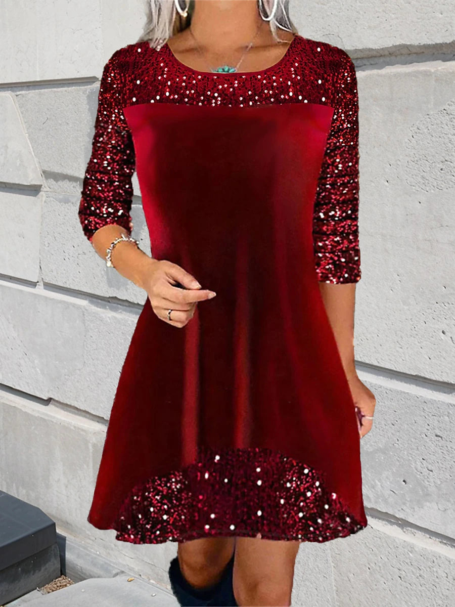 Women's Velvet Dress Sequin Dress Party Dress Velvet Sequins Patchwork Crew Neck Long Sleeve Mini Dress Christmas Wine Spring Winter