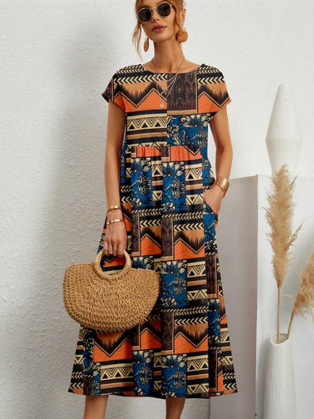 Women's Casual Dress Summer Dress Print Dress Floral Print Crew Neck Long Dress Maxi Dress Fashion Streetwear Outdoor Holiday Short Sleeve Regular Fit Yellow Red Blue Summer Spring S M L XL 2XL - LuckyFash™