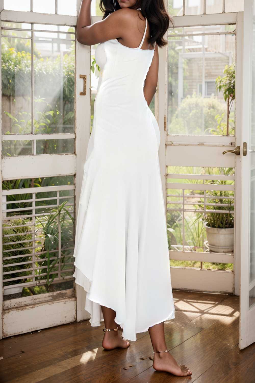 charming sling open back ruffled irregular dress 106091