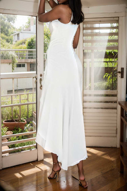 charming sling open back ruffled irregular dress 110442