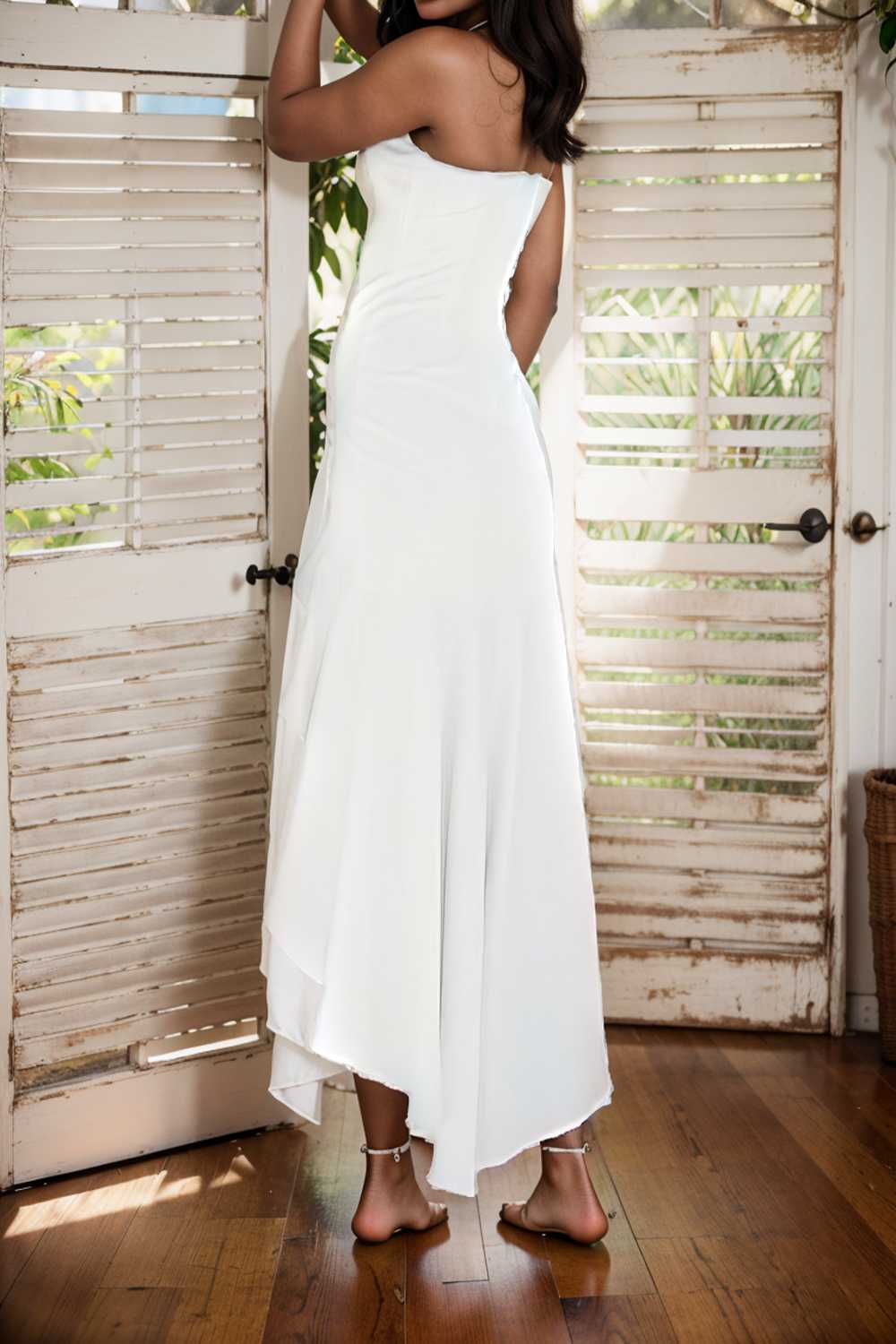 charming sling open back ruffled irregular dress 110441