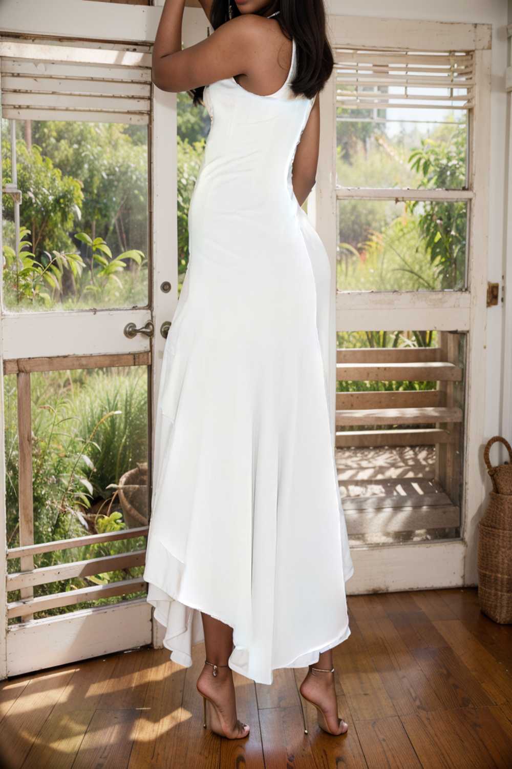 charming sling open back ruffled irregular dress 110440