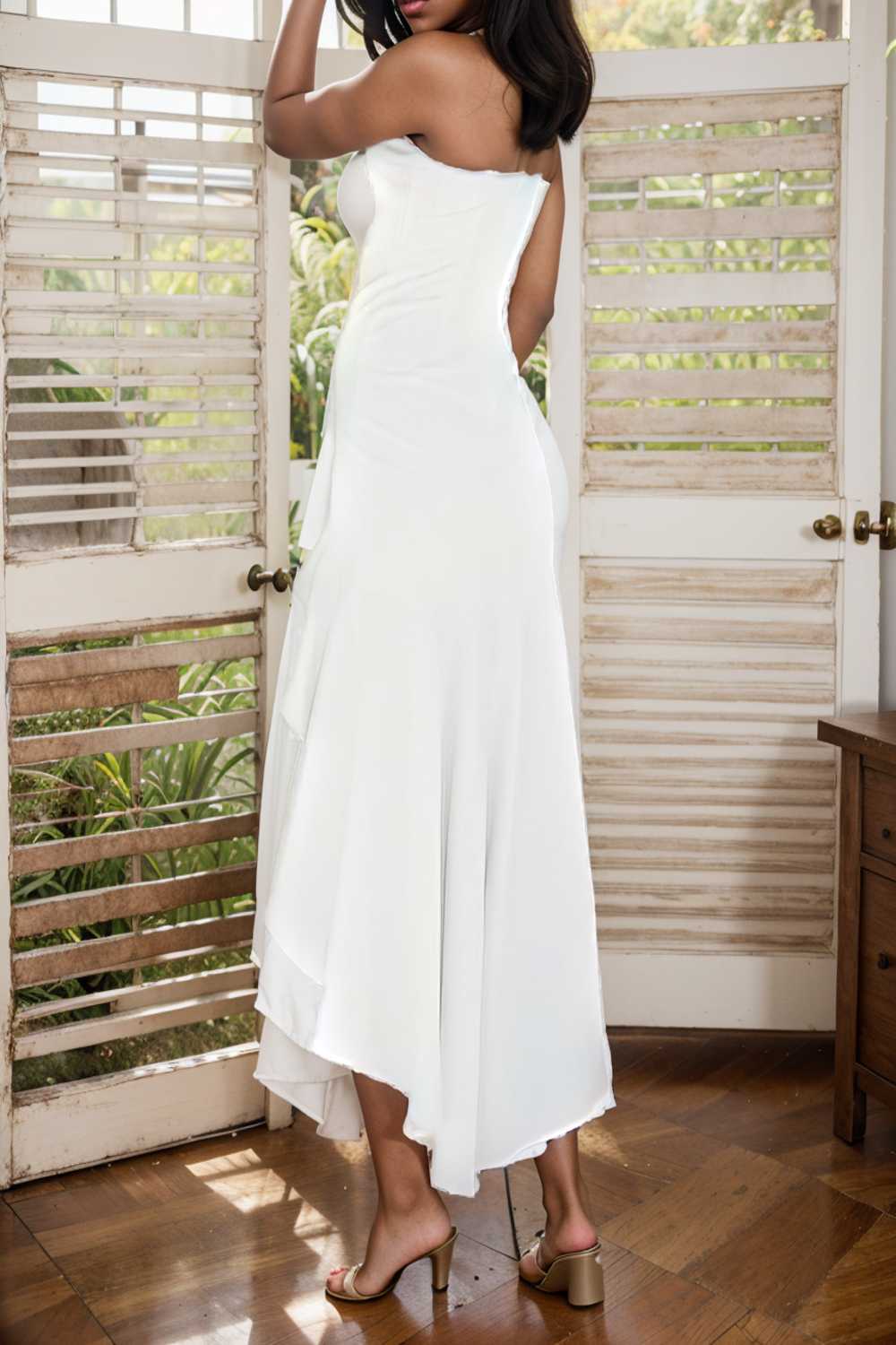 charming sling open back ruffled irregular dress 110438
