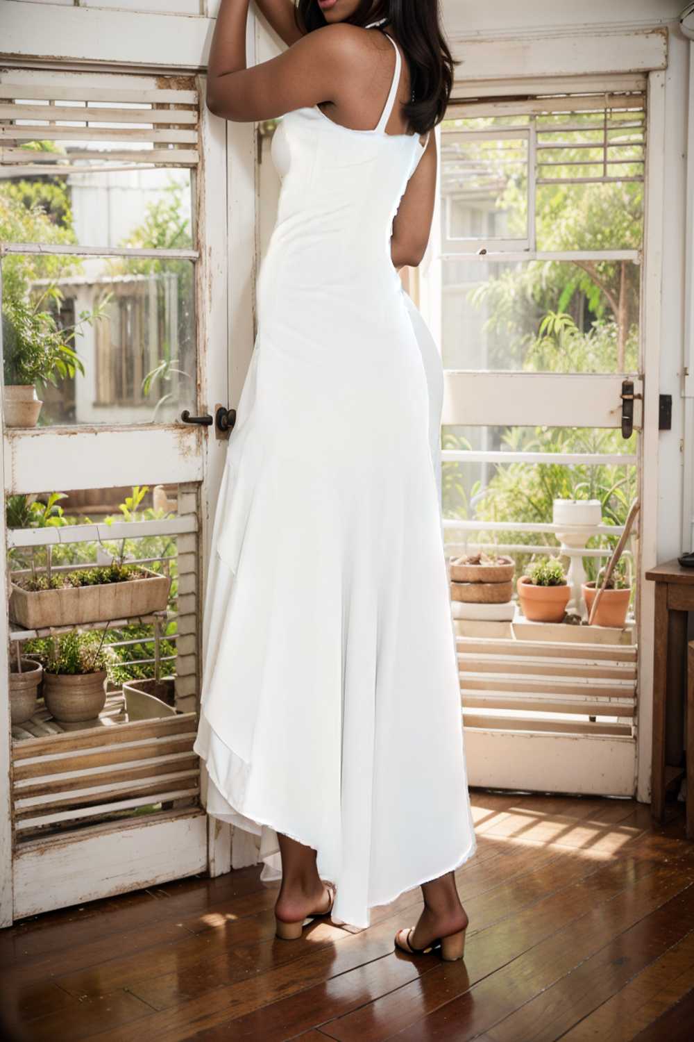 charming sling open back ruffled irregular dress 110434