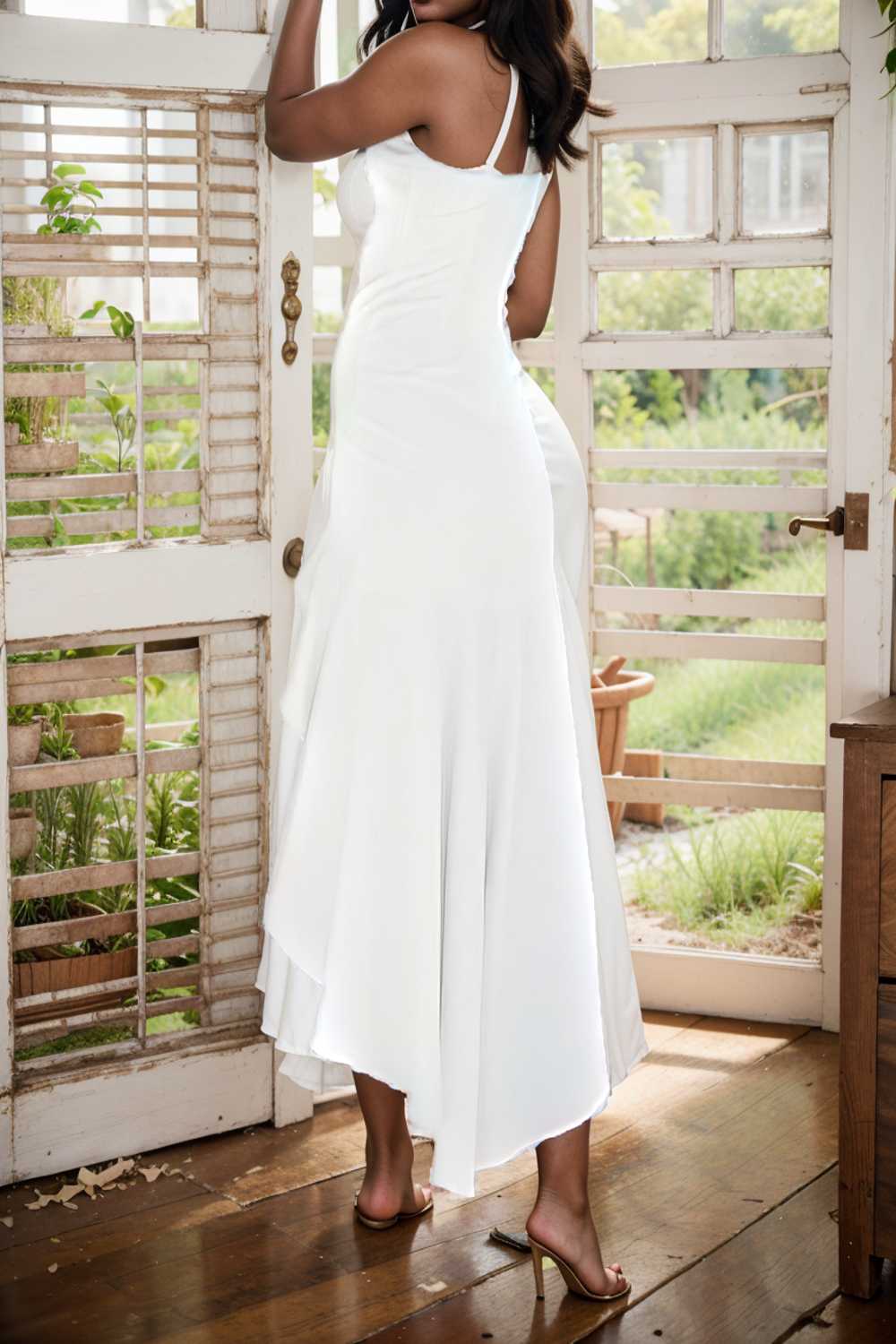 charming sling open back ruffled irregular dress 110432