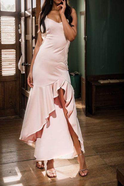 charming sling open back ruffled irregular dress 106048