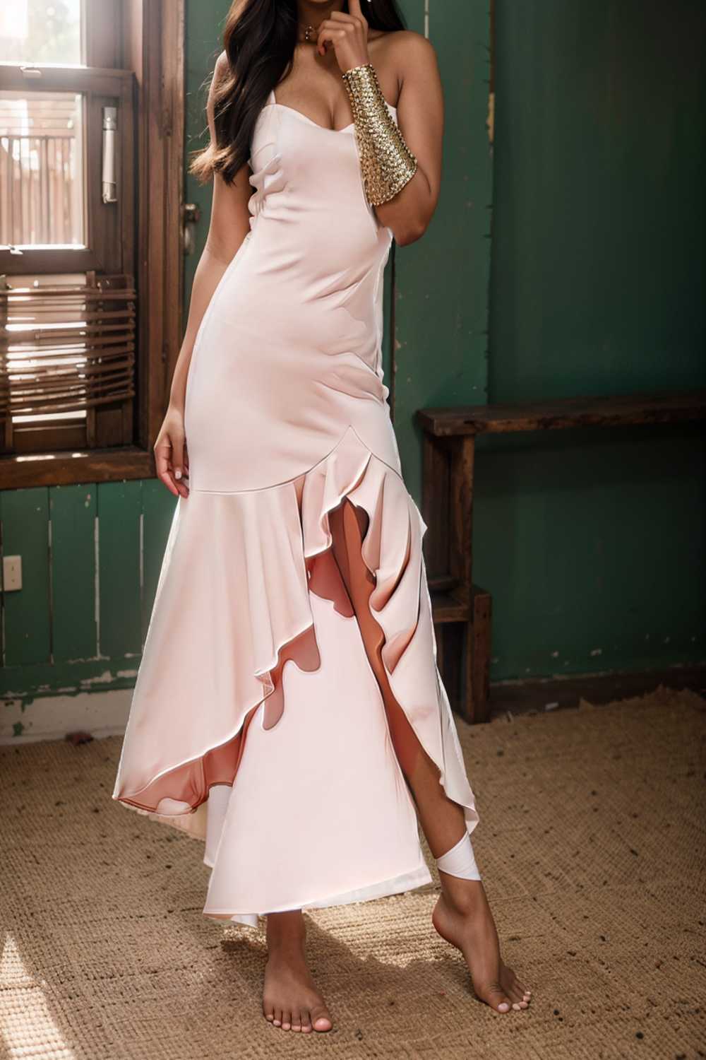 charming sling open back ruffled irregular dress 111148