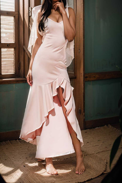 charming sling open back ruffled irregular dress 111147
