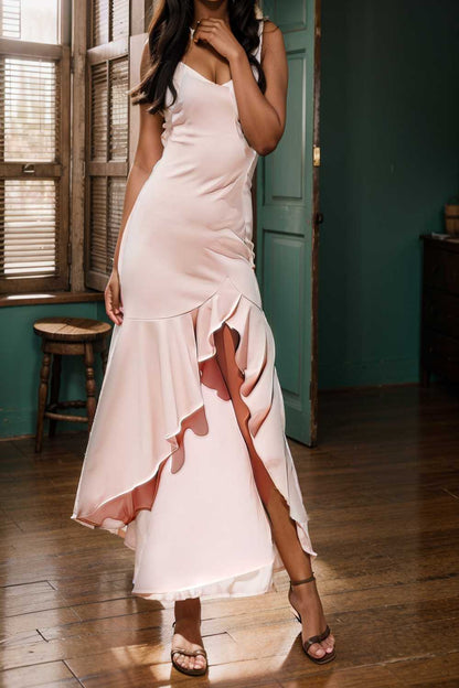 charming sling open back ruffled irregular dress 111142